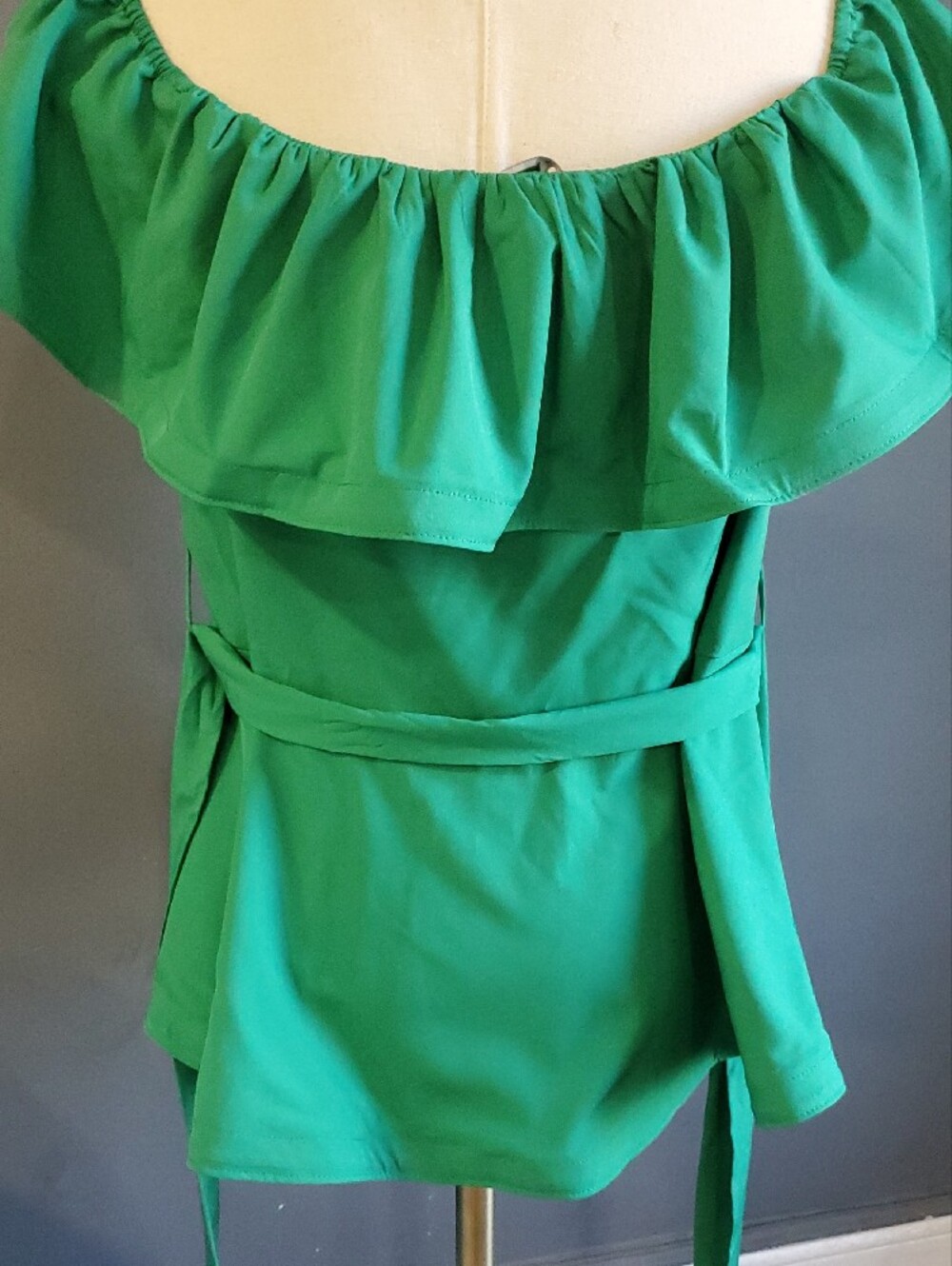 Haute Monde Emerald Green Off-Shoulder Ruffle Tie-Waist Blouse - Picture 7 of 13